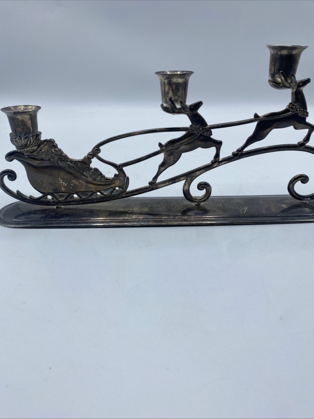 Vintage Silver Santa's Sleigh and Reindeer Candlestick Holder - 3 Taper